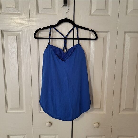Lululemon Athletica blue tank with blue/black striped built-in bra - Picture 1 of 7